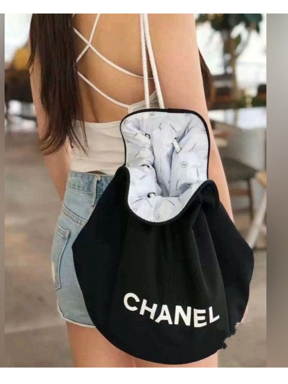 CHANEL GWP Black Canvas Pouch with White Rope Drawstring small